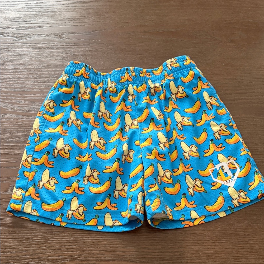 Baseball 101 YL Banana Print Shorts - Blue and Yellow
